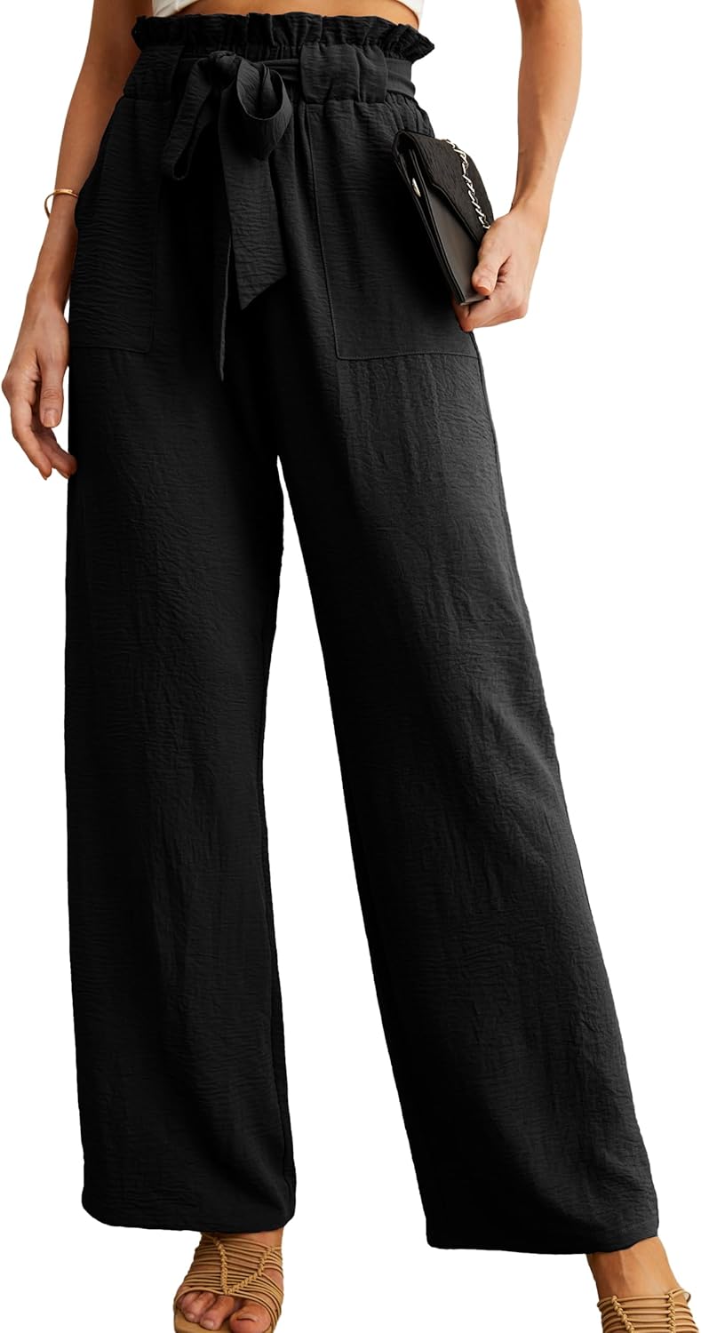 IWOLLENCE Women’s Wide Leg Pants with Pockets High Waist Adjustable Knot Loose Casual Trousers Business Work Casual Pants