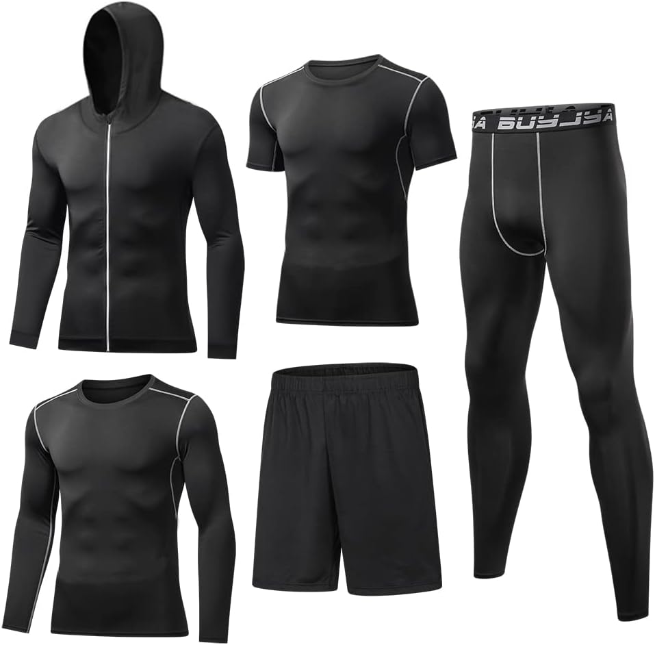 BUYJYA 5Pcs Men’s Compression Pants Shirt Top Long Sleeve Jacket Athletic Sets Gym Clothing Mens Workout