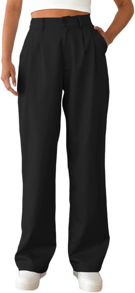 Women’s Casual Straight Trousers High Waisted Button Work Office Dress Pants with Pockets