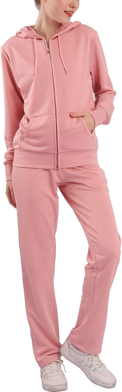 Sweatsuits for Women 2 PCS Outfits Sweat Suits Jogging Tracksuit Full Zip-up Hooded Solid Sweatshirts & Pants Set (Pink, L)