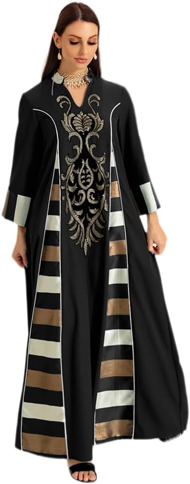 Abayas for Women Muslim Dress Long Sleeve Floral Sequins/Embroidery Long Maxi Dresses Caftan Robe