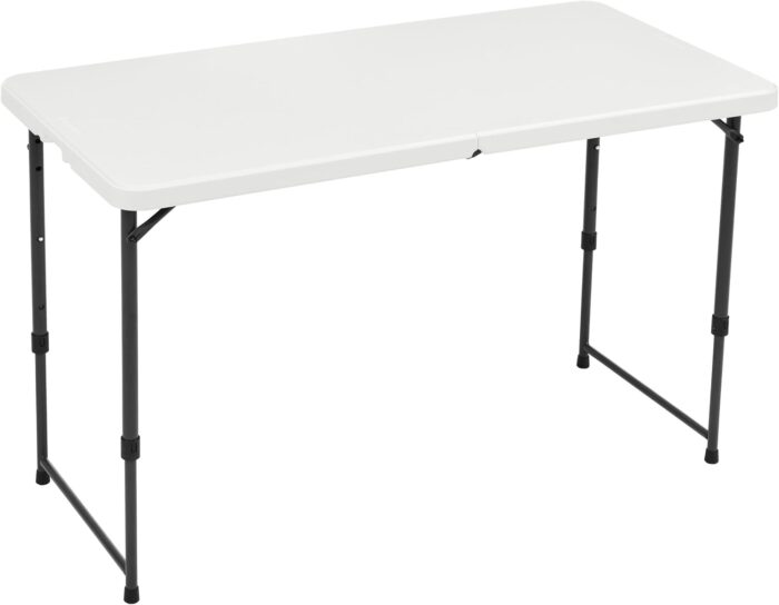 Amazon Basics 4 Foot Rectangular Folding Dining Table, 4 Adjustable Height Settings with Carrying Handle, Indoor & Outdoor, White, 47.8 x 23.9 x 33.9 inches