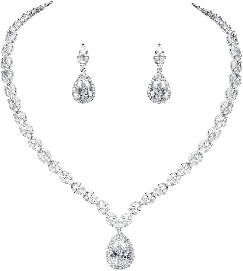 White Gold/Gold Plated Women Cubic Zirconia CZ Marquise Teardrop Bridal Tennis Necklace and Drop Earring Set for Wedding Brides