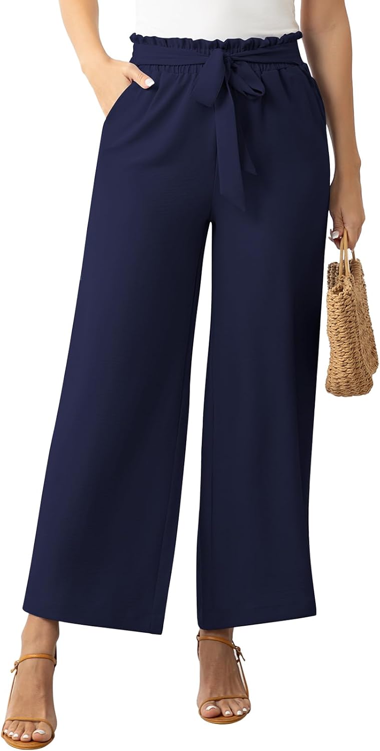 Womens Wide Leg Lounge Pants High Waisted Business Work Casual Pants Adjustable Tie Knot Loose Trousers with Pocket