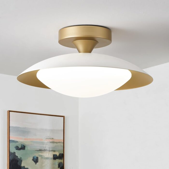 Dimmable White and Gold Ceiling Light, Mid-Century Semi Flush Mount Ceiling Light, Modern LED Lighting Fixture, 5CCT 2700K-6000K Ceiling Lamp for Bedroom Hallway Laundry Room Kitchen 11.8 Inch