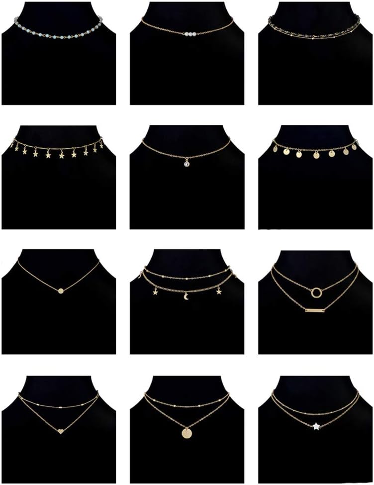 12pcs Chain Gold Bead Necklace Coin Moon Star Pearl Pendant Chain Choker Multilayer Necklace Leather Cord Set for Women Men Adjustable Gold Tone