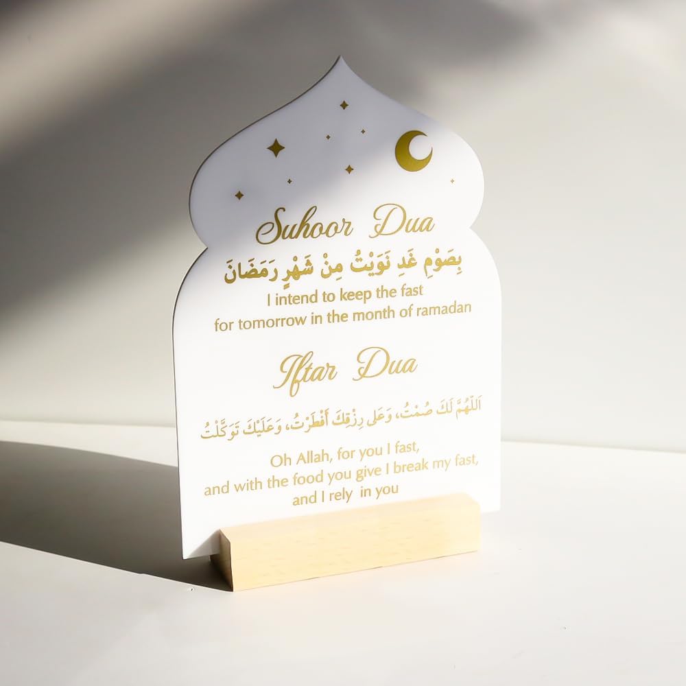 Ramadan Kareem Iftar Decorations Suhoor And Iftar Dua Sign For Home Eid Mubarak Table Decor Islamic Crescent Moon Star Gifts Muslim Acrylic (White)