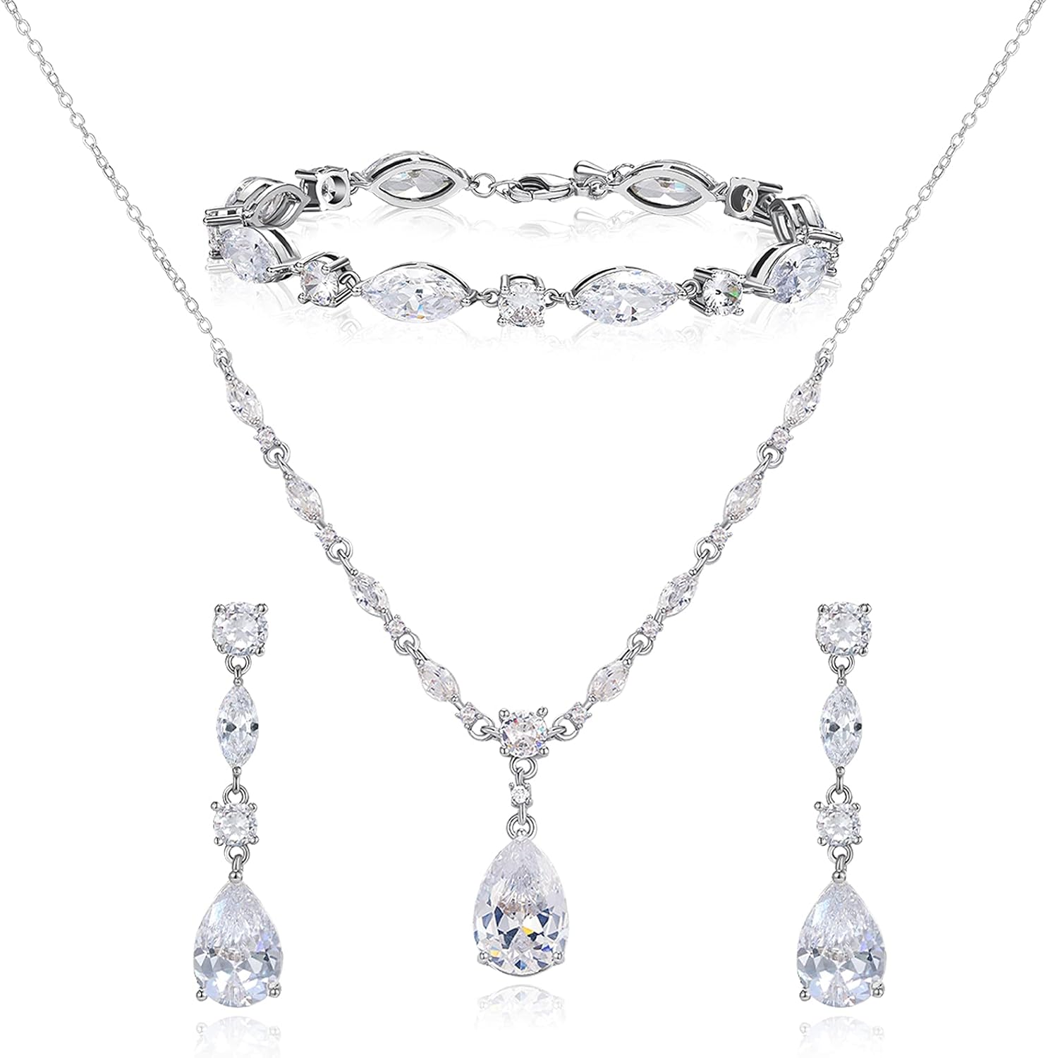 SWEETV Bridal Jewelry Set for Wedding, Cubic Zirconia Necklace Dangle Drop Earrings Bracelet Set, Teardrop Marquise Brides Bridesmaids Wedding Prom Anniversary Jewelry Gifts for Women