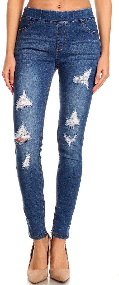 Women’s Ripped Destroyed Skinny Jeans & Jeggings Pull-On Elastic Waist Stretch Denim Pants Regular-Plus Size