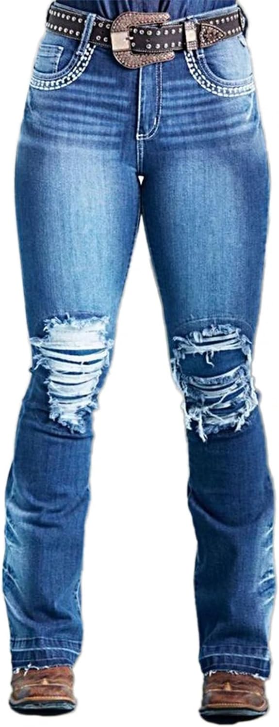 Flamingals Ripped Boot Cut Jeans Tummy Control Jeans for Women Trendy Stretch Mid Waist Cowgirl Jeans