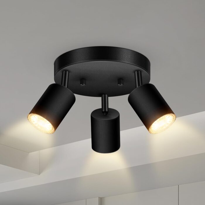 3 Light Track Lighting Fixtures Ceiling, Matte Black Round Directional Ceiling Spotlight, GU10 Flush Mount Track Fixture, Adjustable Modern LED Track Lights for Kitchen/Living Room, Bulb Not Included