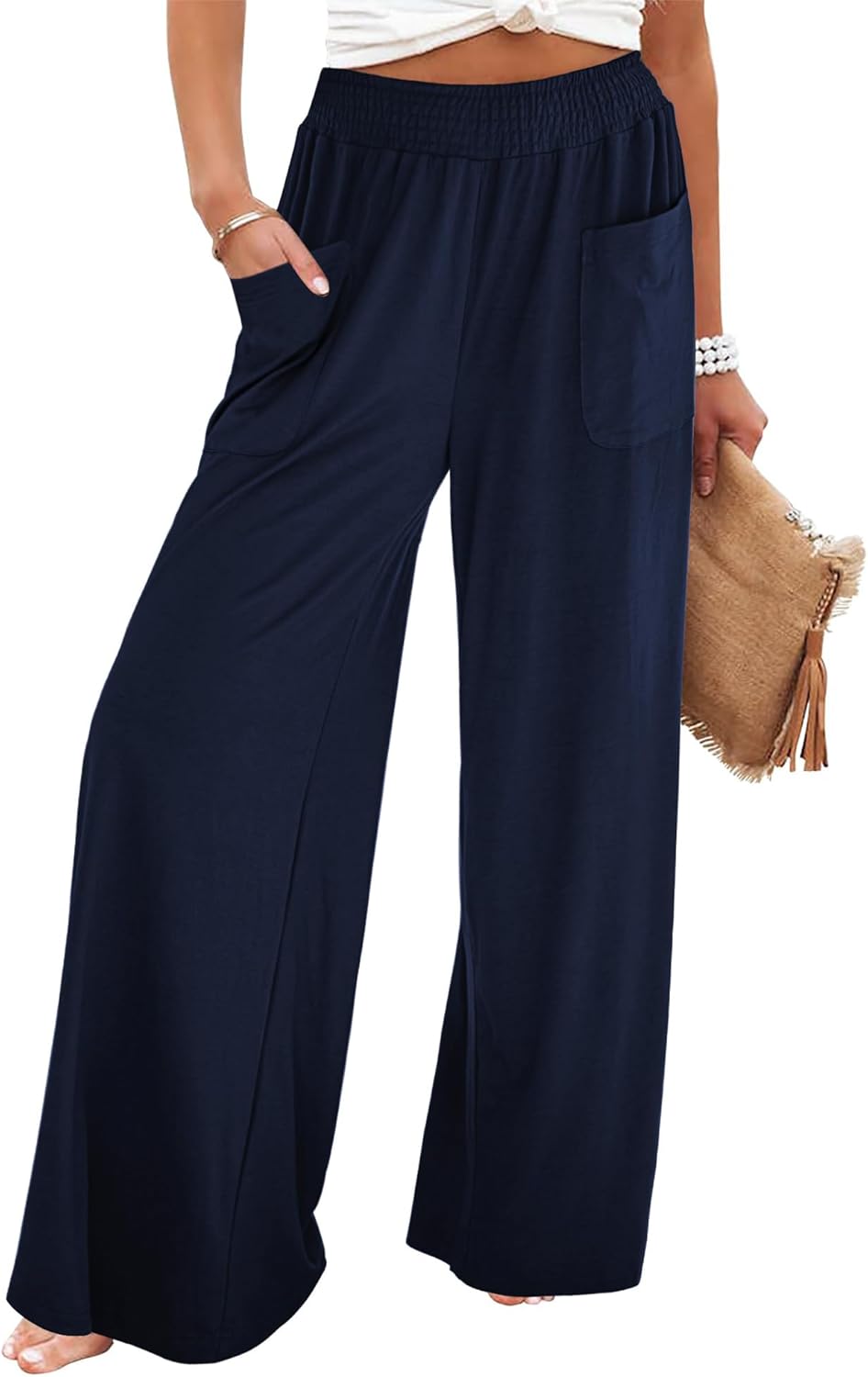 GRAPENT Wide Leg Pants for Women High Wasited Baggy Palazzo Pants Casual Pull On Bell Bottom Smocked Elastic Waist Pants