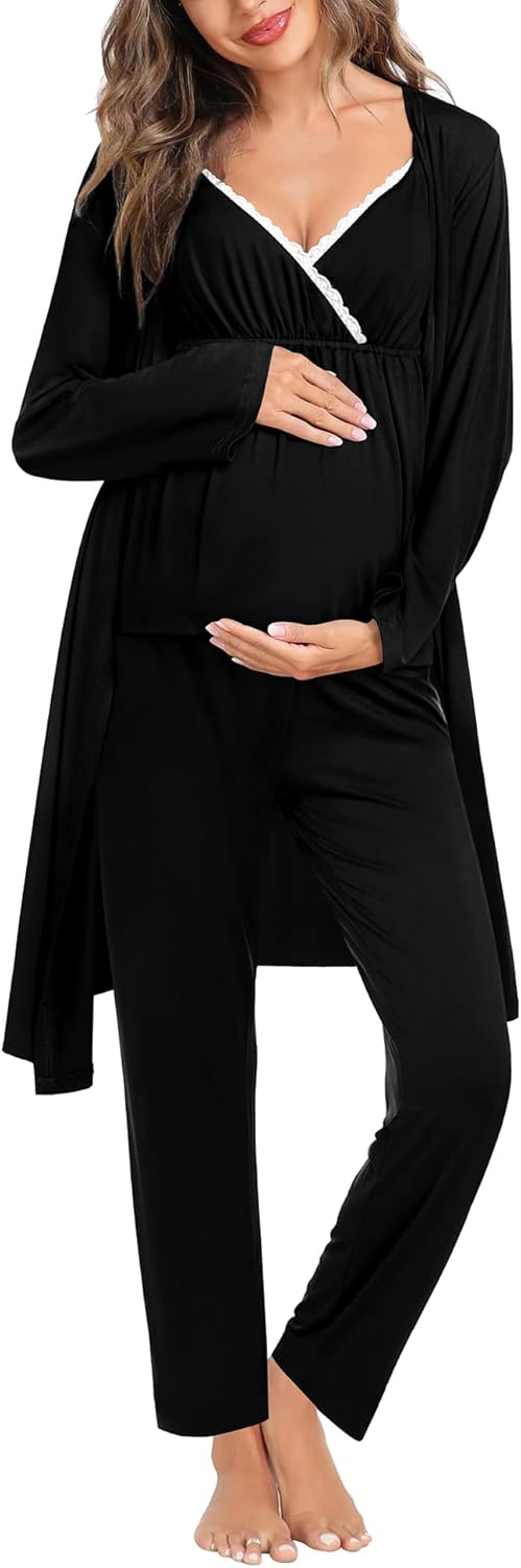 SWOMOG Maternity Nursing Robe Set 3 Piece Breastfeeding Pajamas 3 in 1 Labor Delivery Sleevless Tops&Long Pants Pregnancy Pjs