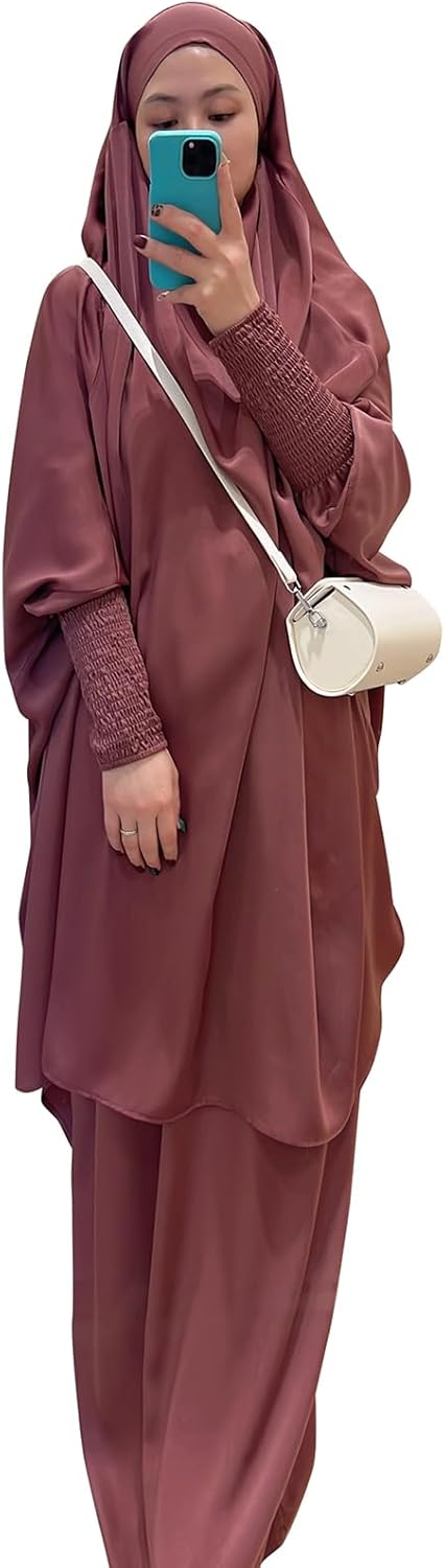 Muslim Women Abaya Two Pieces Set Prayer Dress Elasticated Sleeves Islamic Robe Modest Full Cover Prayer Clothes