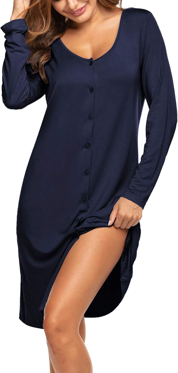 Ekouaer Button Down Nightgown for Women Long Sleeve Sleepwear V Neck Nightshirt Boyfriend Pajama Dress Sleep Dress