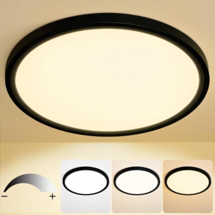 16 Inch Flush Mount Ceiling Light Fixture – 32W LED Ceiling Kitchen Light Fixtures 3200lm, 3000K/4500K/6000K Adjustable Light Fixture Ceiling Mount, Dimmable LED Light Fixture for Bathroom, Black