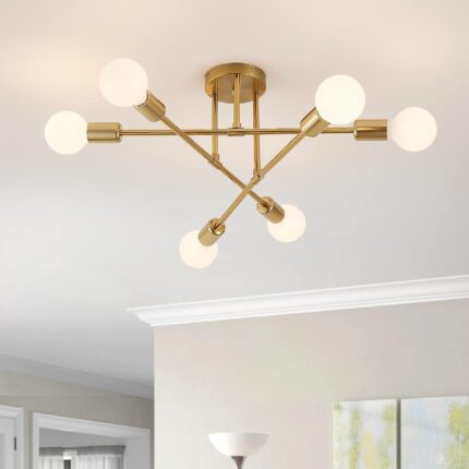 Semi Flush Mount Ceiling Light Fixture, 6 Lights Modern Sputnik Chandelier Ceiling Lamp with E26 Bulb Base, Light Fixtures Ceiling Mount for Bedroom Kitchen Living Room Hallway (Gold)