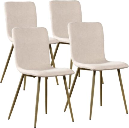 FurnitureR Modern Style Dining Chairs Set of 4, Comfy Side Chair with Fabric Seat Sturdy Metal Gold Legs for Kitchen Living Room Bedroom, Beige