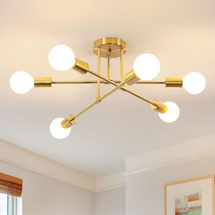 DELIPOP Modern Sputnik Chandelier, 6-Light Gold Industrial Metal Semi Flush Mount Ceiling Light, E26 Base Sputnik Ceiling Light Fixture for Dining Room, Living Room, Kitchen, Bedroom