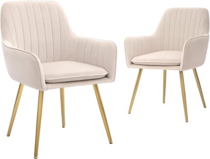 CangLong Modern Velvet Dining Chairs Set of 2, Tufted Vanity Chairs and Upholstered Accent Armchair with Gold Metal Legs for Living Room Restaurant, Beige