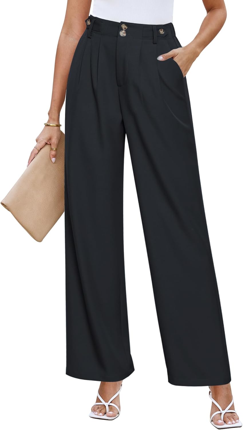 GRAPENT Wide Leg Pants Woman Trendy High Waisted Dress Pants Business Causal Pleated Elastic Waist Work Trousers Pants