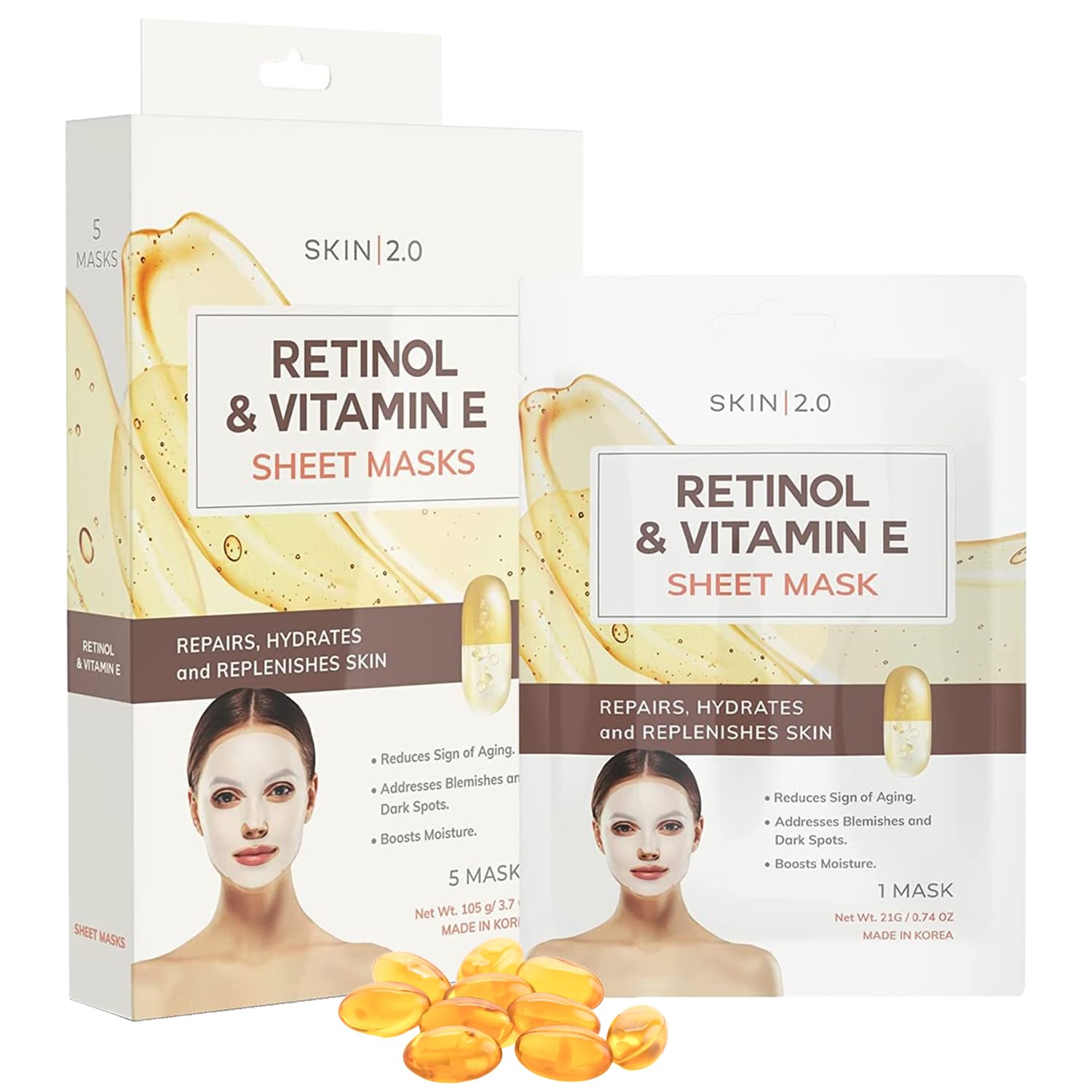 Retinol and Vitamin E Sheet Face Mask – Diminishes Blemishes, Acne Scars & Hyperpigmentation, Hydrating, Anti-aging Sheet Mask – Cruelty Free Korean Skin Care For All Skin Types – 5 Masks