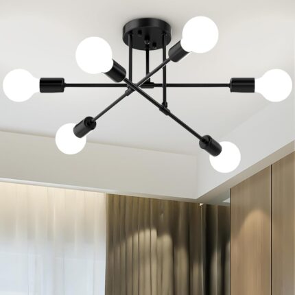 Black Modern Sputnik Chandelier Ceiling Light Fixtures, 6-Lights Mid Century Industrial Metal Semi Flush Mount Ceiling Lamp for Bedroom Dining Room Living Room Kitchen Hallway