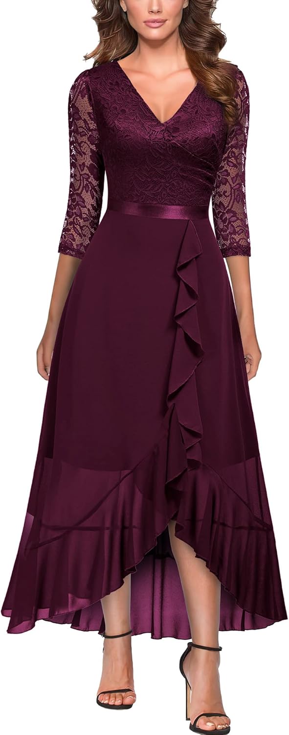 Miusol Women’s V-Neck Floral Lace Classy Ruffle Design Wedding Party Maxi Dress