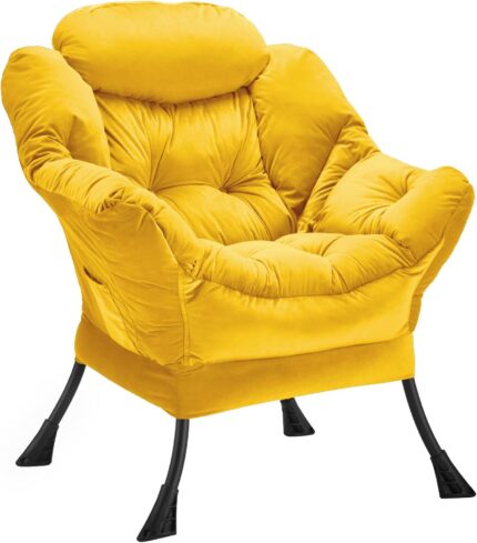 Lazy Chair Thick Padded, Accent Chair Velvet Upholstered with Wide Seat, Stable Metal Frame and Non-Slip Pad, Modern Sofa Armchair with Side Storage Bag for Dorm, Room, Office, Yellow