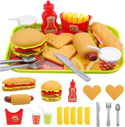 Pretend Play Fast Food Set, Play Food for Kids Kitchen – Play Kitchen Accessories – Toy Foods with Play Burger and Hot Dog Plastic Food for Pretend Play, Kids Toddler Childrens Birthday Gifts