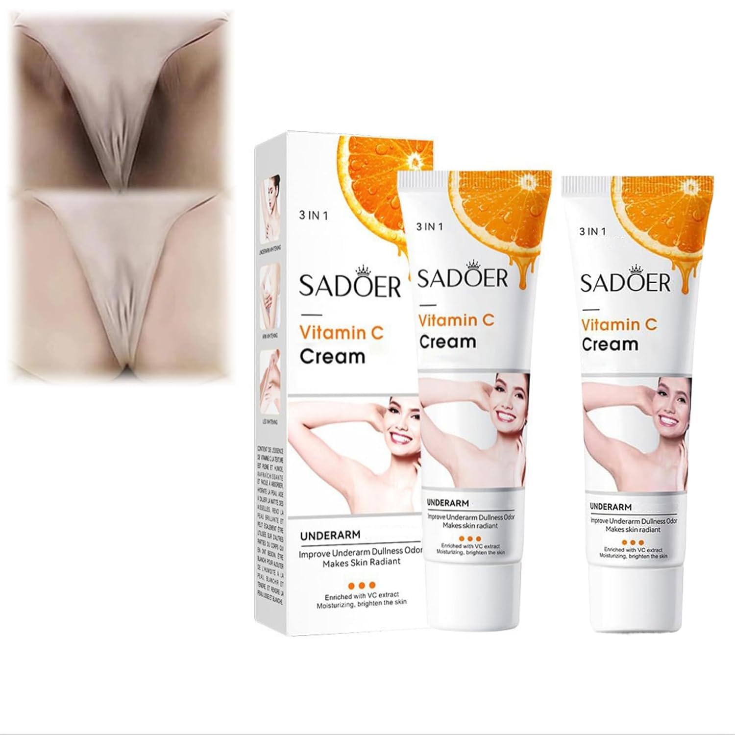 Sadoer Vitamin C Cream 3 in 1, Moisturizing Skincare Underarm Cream, Hyaluronic Acid Body Corrector Cream, Skin Tone Even Cream for Armpit, Neck, Knees, Elbows, Inner Thigh, Private Parts (2Pcs)