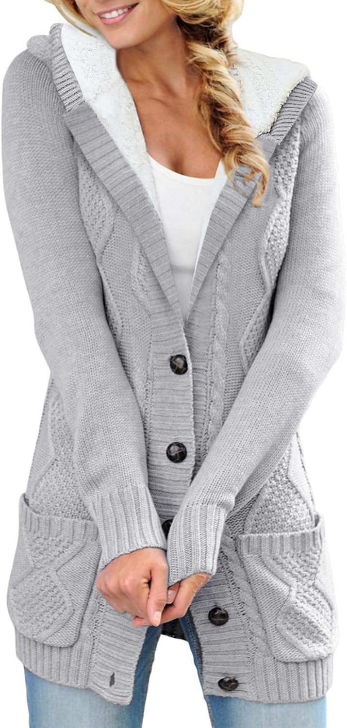 Sidefeel Women’s Cardigan Sweaters Hooded Fleece Lined Button Down Front Jackets Winter Coat with Pockets