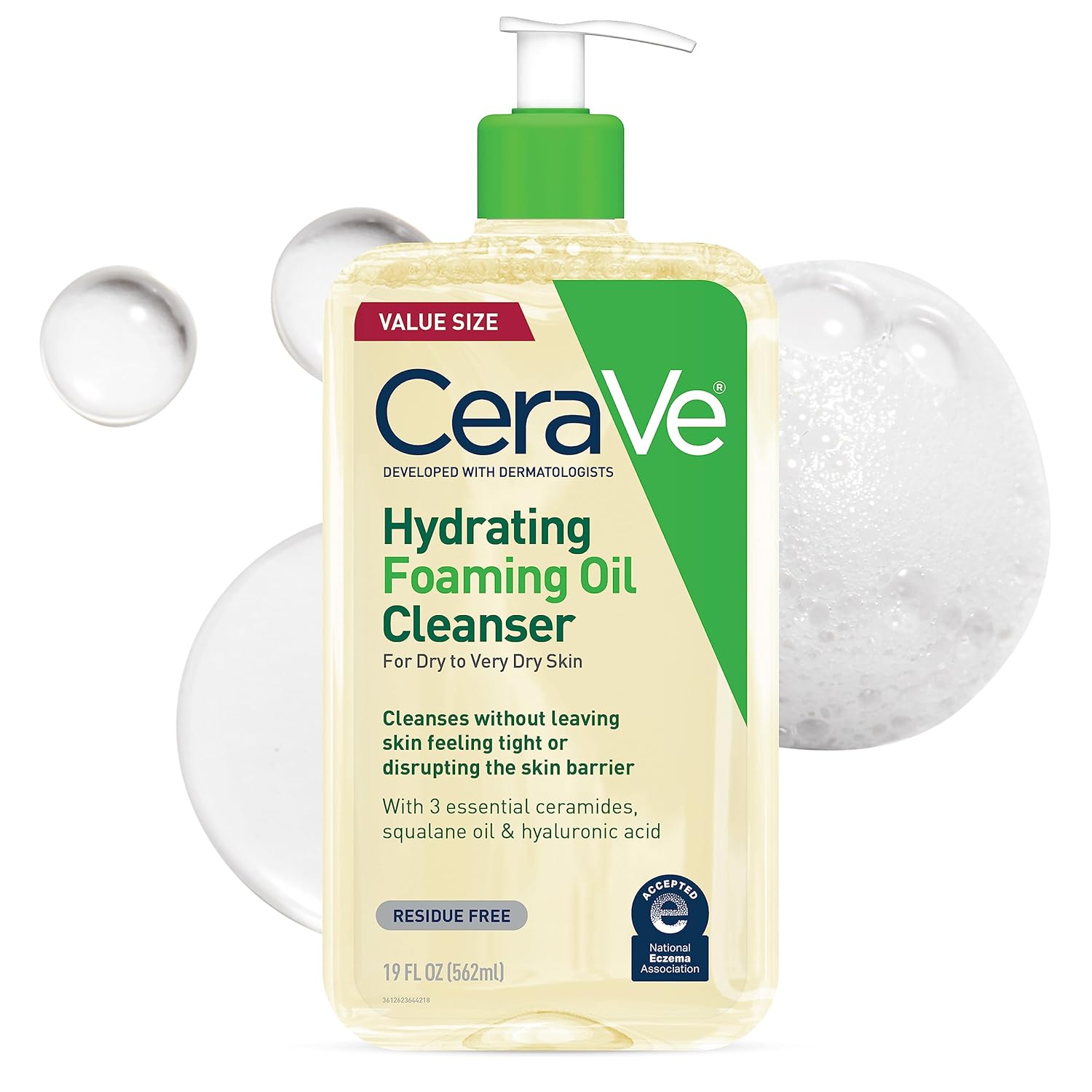 CeraVe Hydrating Foaming Oil Cleanser | Moisturizing Oil Cleanser for Face & Body | Squalane Oil + Hyaluronic Acid + Ceramides | For Dry to Very Dry Skin | Fragrance Free & Residue Free | 19 FL Oz