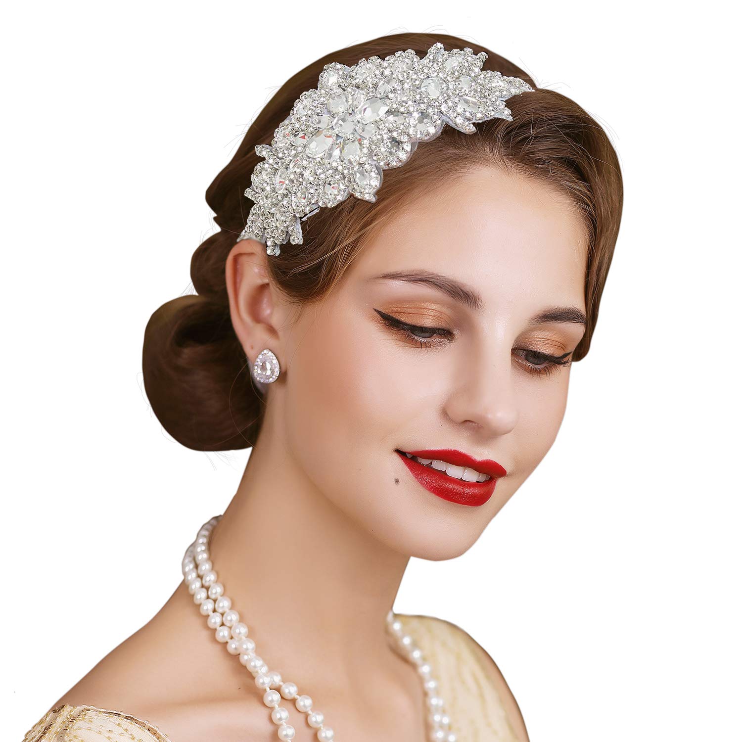 SWEETV Rhinestone Flapper Headband-Elastic 1920s Headpiece, Great Gatsby Hair Accessories for Women