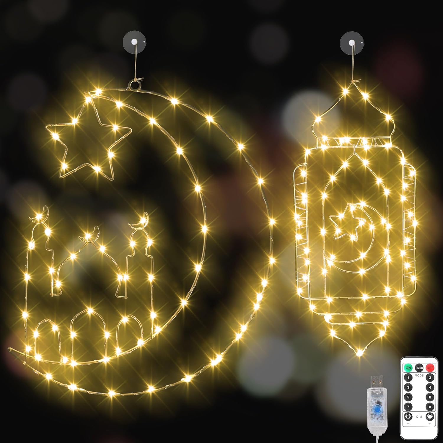 2 Pack Ramadan Decorations, Star Moon Ramadan Decorative Lights & Ramadan Lantern Lights Set, Eid Mubarak Window Hanging Lights Decor with 8 Modes & Remote Control for Ramadan Eid Home Wall Decor