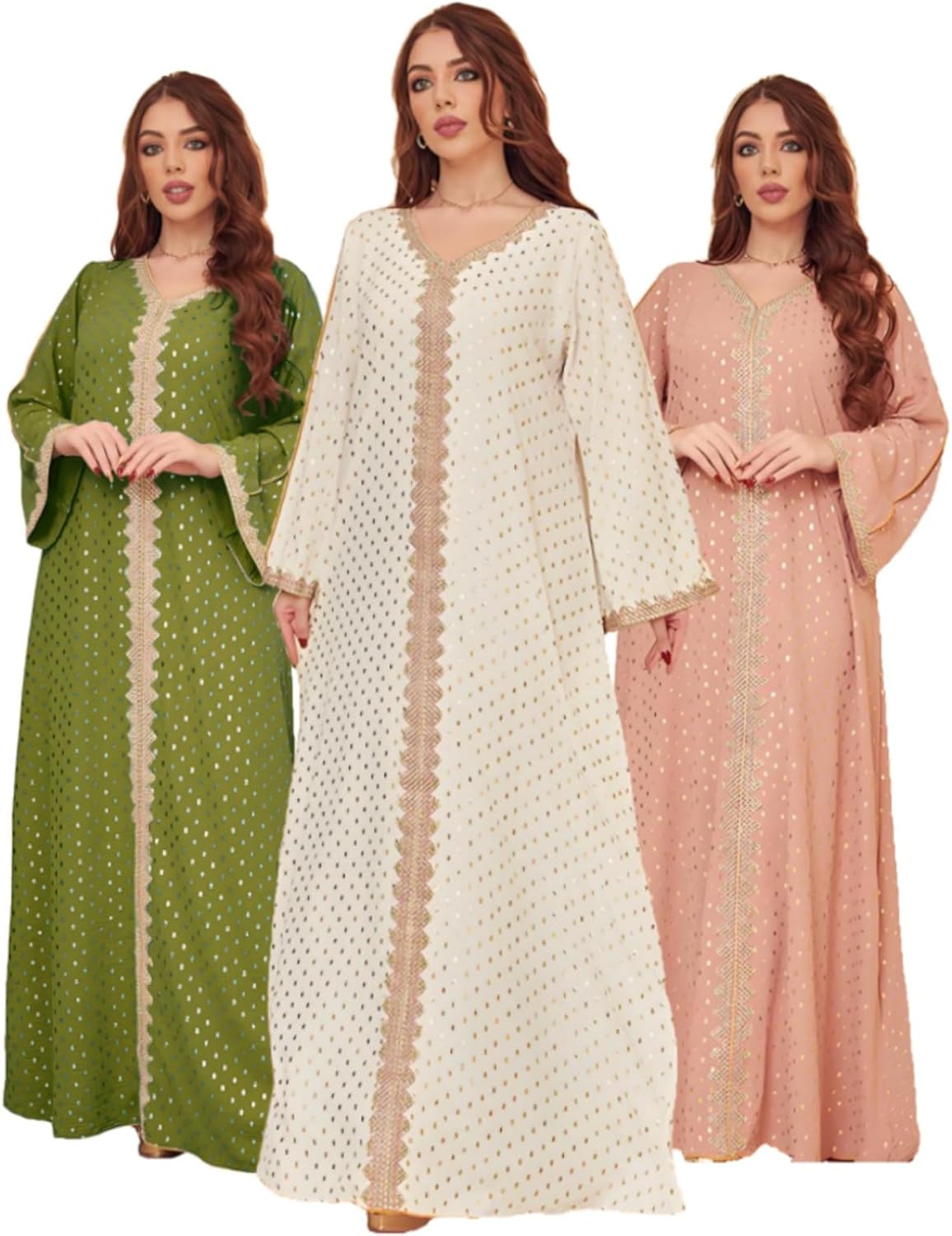 Women’s Muslim Islamic Abaya Dress Elegant V Neck Bronzing Kaftan Dress Full Length Prayer Clothes Evening Gowns