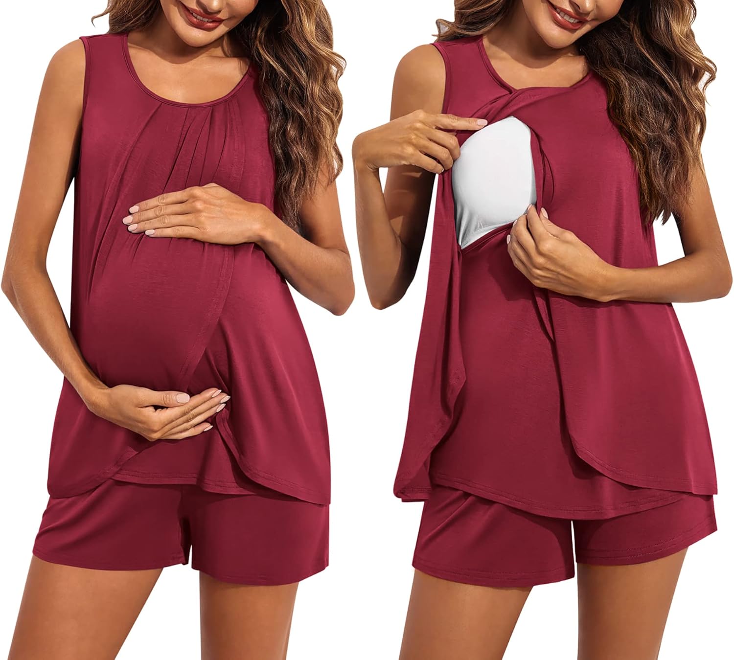 Ekouaer Women Maternity Nursing Pajama Set Breastfeeding Sleepwear Double Layer Sleeveless Top & Shorts Pregnancy PJS