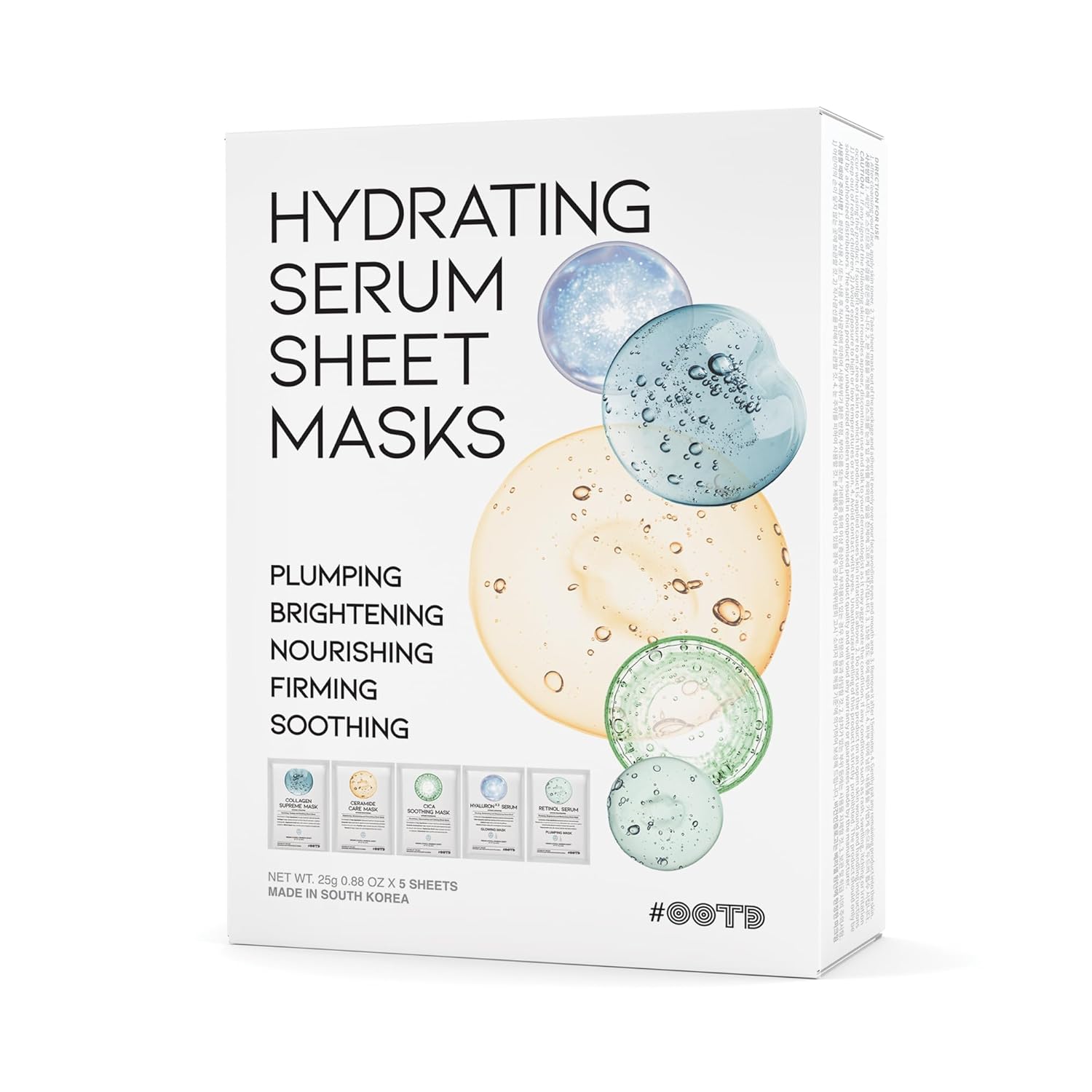 Hydrating Sheet Mask Starter Kit Variety Pack for Skin Care, Dry, Ance, Sensitive Skin, Korean Vegan Facial Sheet Mask for Men & Women, Collagen, Cica, Ceramide, Hyaluron, Retinol 5EA