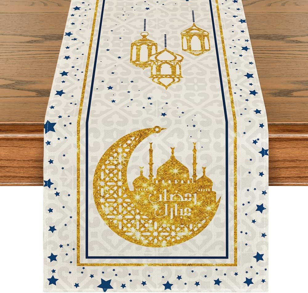 Artoid Mode White Moon Star Gloden Ramadan Table Runner, Seasonal Summer Holiday Kitchen Dining Table Decoration for Home Party Decor 13 x 72 Inch