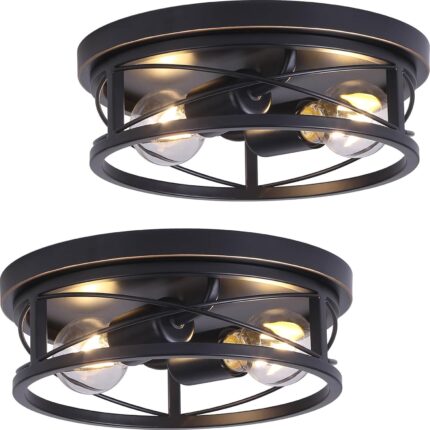 Black Flush Mount Ceiling Lights,2 Pack Industrial Ceiling Light Fixtures,Anti-Rust Flush Mount Light Fixtures Ceiling for Hallway,Living Room,Foyer,Bedroom etc…