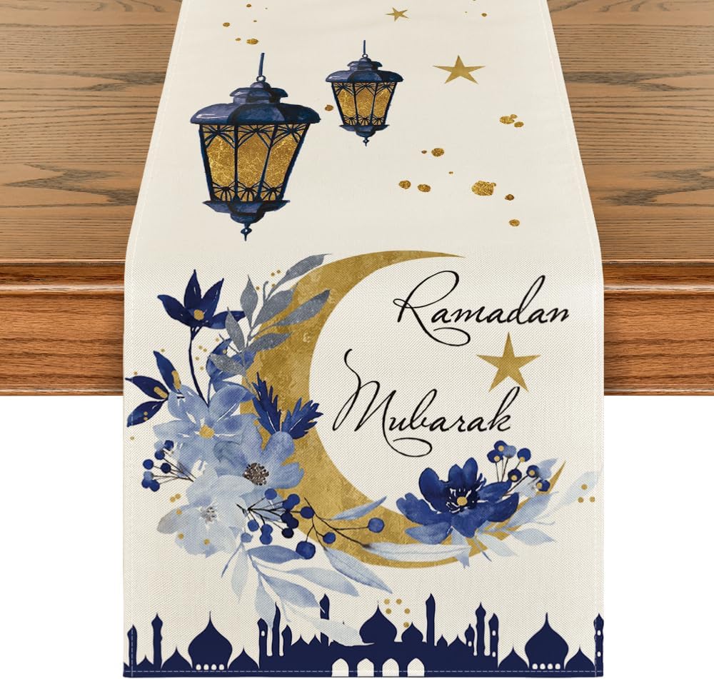 Artoid Mode Castle Lantern Flower Ramadan Table Runner, Seasonal Kitchen Dining Table Decoration for Home Party Decor 13×72 Inch