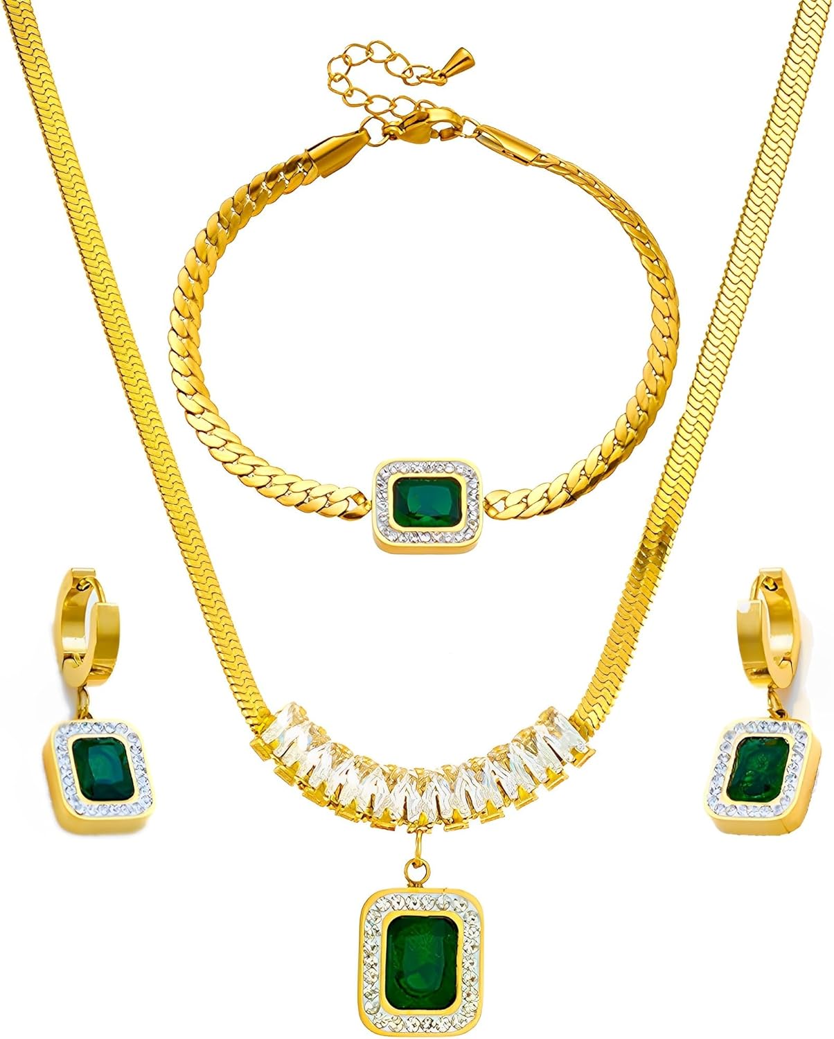 Necklace Set With Square Shaped Green Emerald, Gift Set for Women, 3 pcs Emerald Jewelry Set, With Necklace/Bracelet/Earrings, Womens Day Birthday Wedding, Gift for Brides Mom Wife Etc.