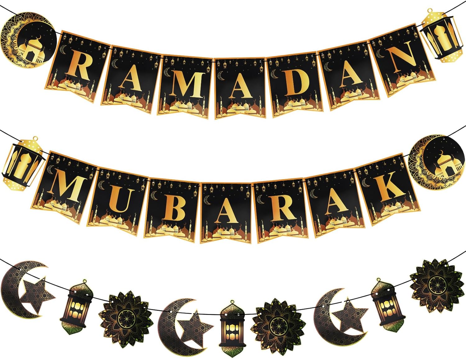 SEPGLITTER Ramadan Banner, 3 Pcs Ramadan Mubarak Banner Happy Ramadan Party Decorations Black Gold Moon Lantern Hanging Bunting Eid Mubarak Banner for Festival Day Supplies