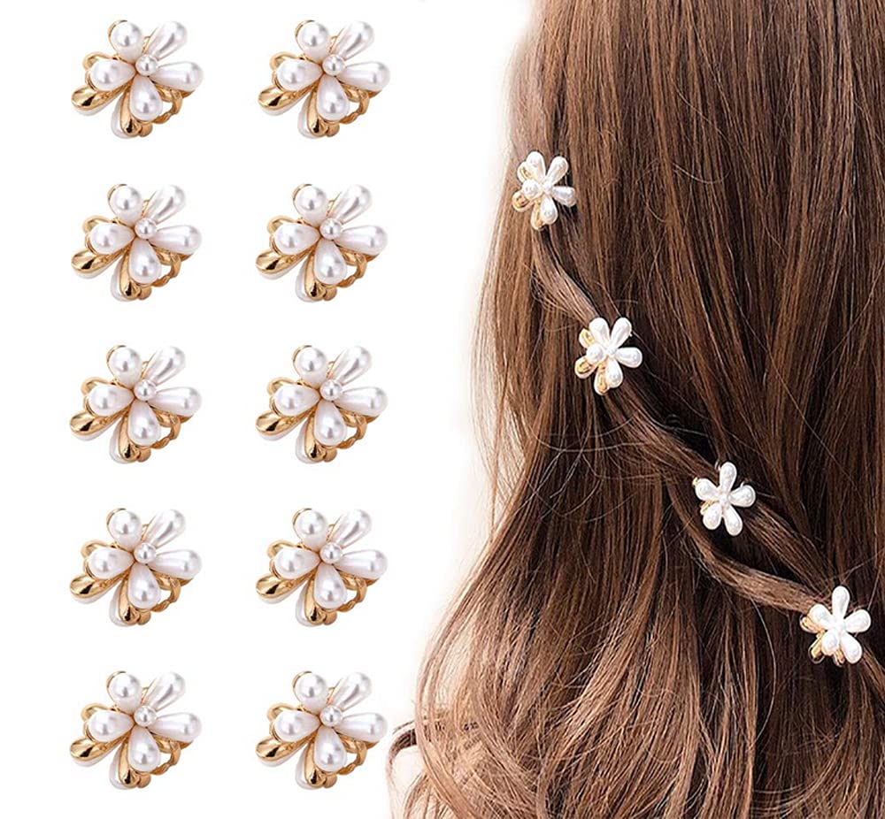 10 Pcs Small Mini Pearl Claw Clips with Flower Design, Sweet Artificial Bangs Clips Decorative Hair Accessories for Women Girls