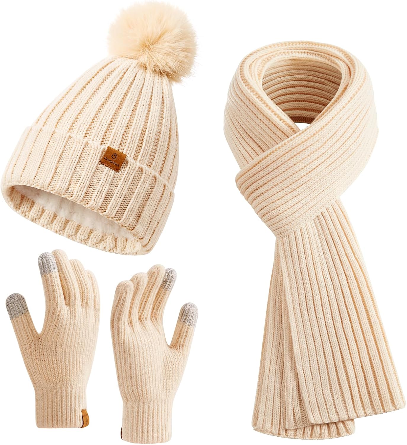 Womens Winter Beanie Hat Gloves Set Long Scarf Touchscreen Gloves Set with Fleece Lined Warm Knit Beanie Cap