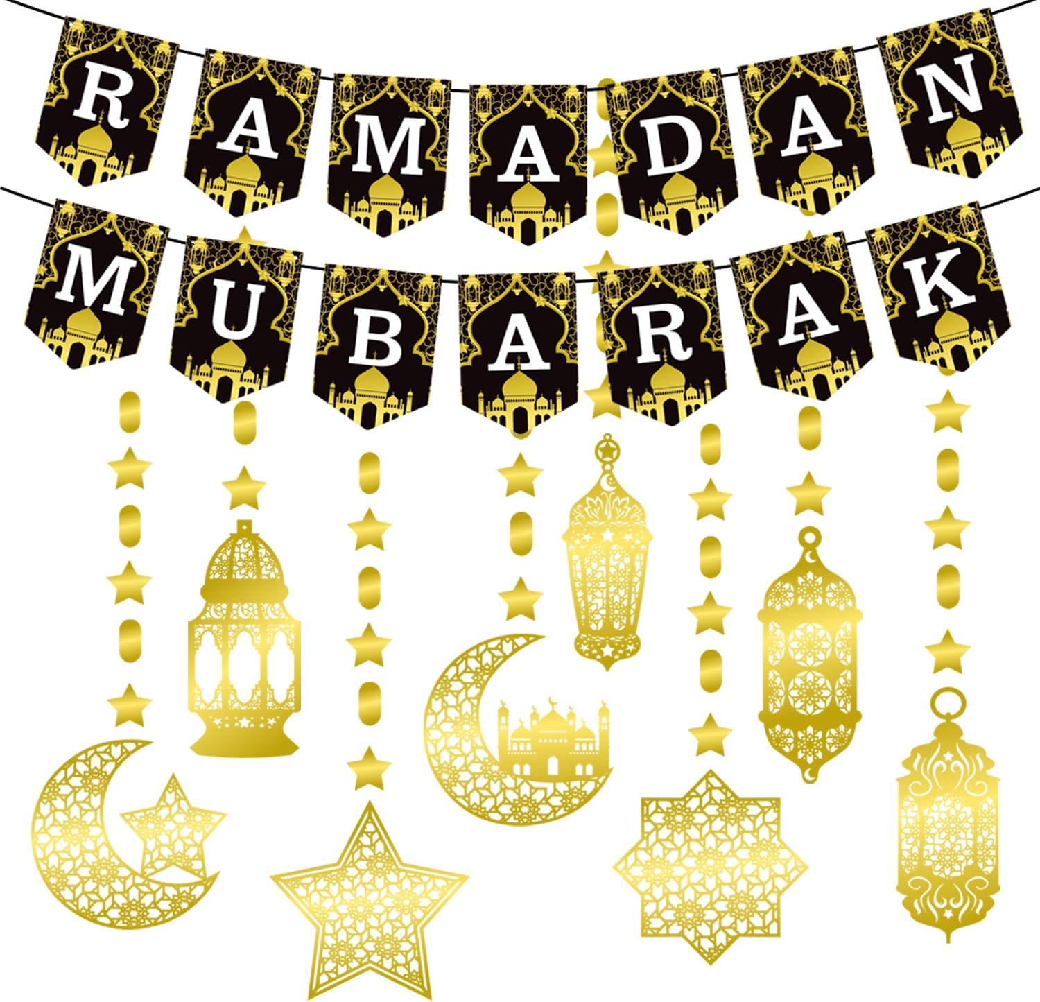 Ramadan Mubarak Eid Decorations Banner, Ramadan Mubarak Garland Shining Gold Star Moon Lantern Hanging Streamer Ramadan Hanging Decorations for Islam Festival Party Supplies, Ramadan Kareem Decor