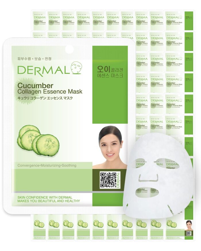 DERMAL Cucumber Collagen Essence Facial Mask Sheet 23g Pack of 100 – Soothing & Moisturizing, Redness & Sunburn Relief, Daily Skin Treatment Solution Sheet Mask