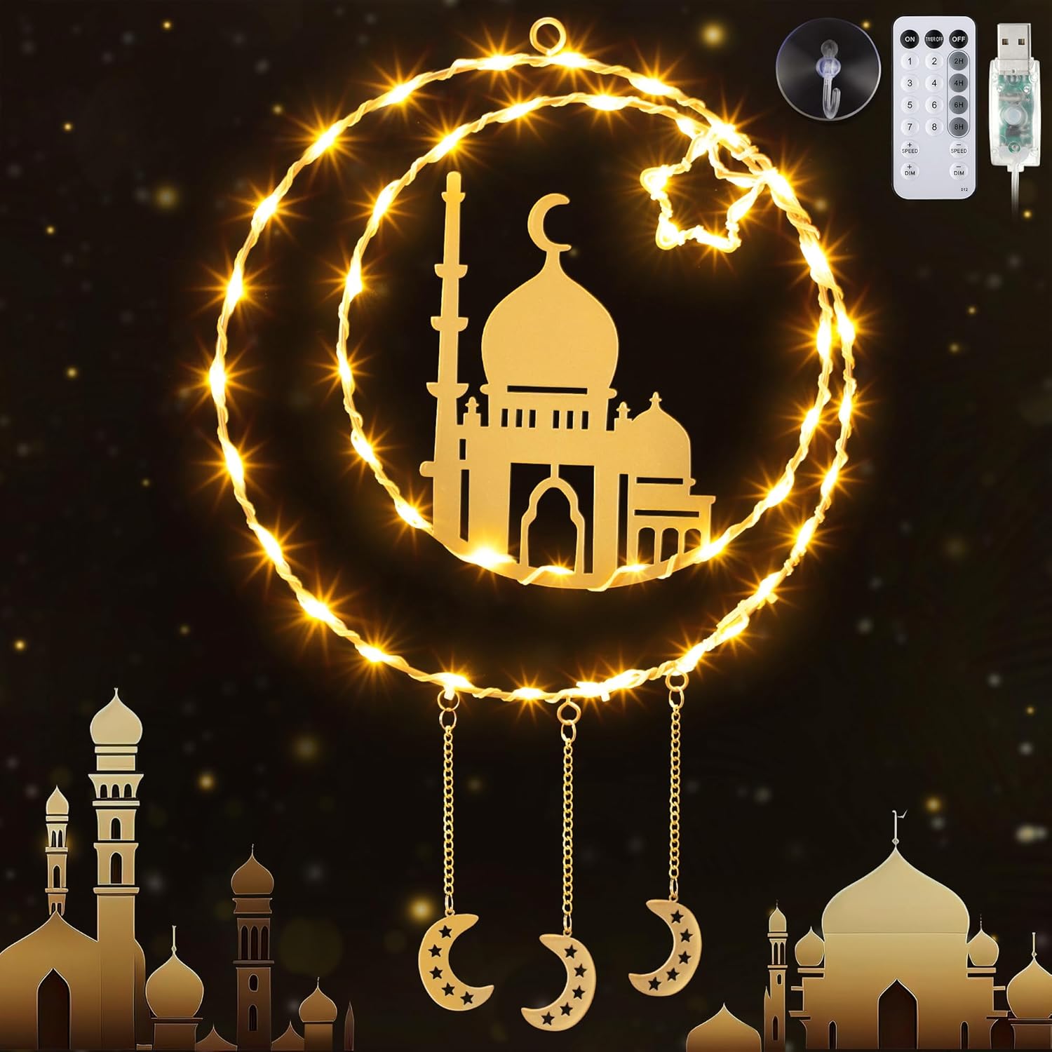 Meonum Eid Ramadan Decorations Window Lights, 12” 8 Modes Warm Yellow Eid Mubarak Silhouette Light USB Powered with Timer and Speed Control for Ramadan Mubarak Islam Muslim Party Decor