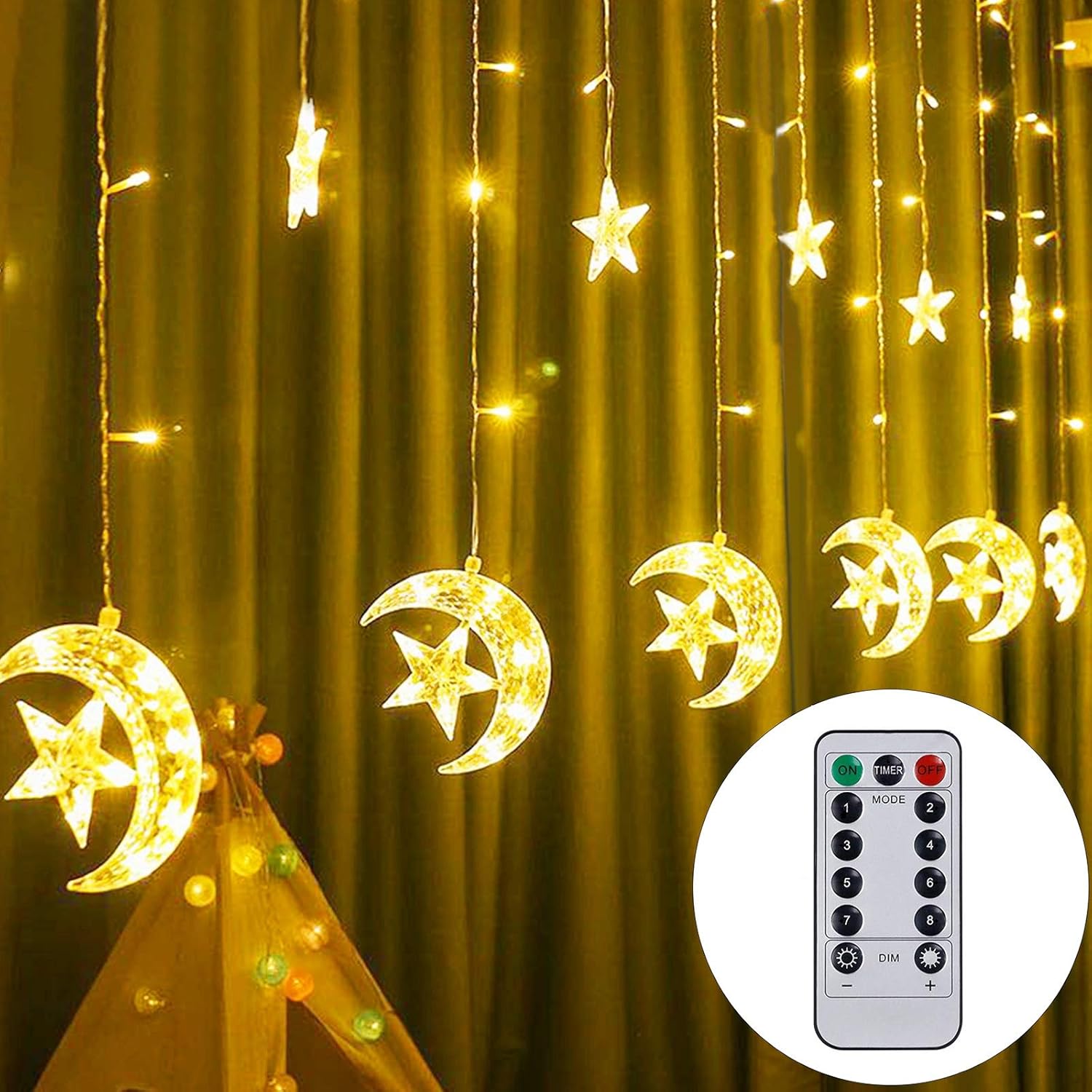 Twinkle Star 138 LED Star Moon Curtain String Lights, 8 Modes Decorations for Ramadan, Christmas, Wedding, Party, Home, Patio Lawn, Warm White