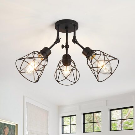 Semi Flush Mount Ceiling Light, Industrial Kitchen Lighting Fixtures Ceiling, Black Light Fixtures for Dining Room Ceiling, 3- Light Farmhouse Ceiling Lights with Metal Cage Shade for Kitchen Foyer